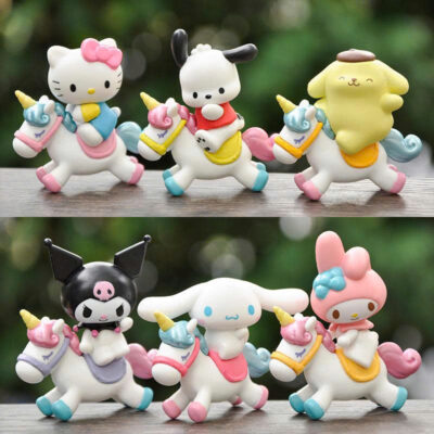 Mô hình figure set: Các Nhân Vật Dễ Thương Cưỡi Ngựa Pony Bộ 6 Con: Hello Kitty, Kuromi, Cinnamoroll, Pochacco, Pompompurin, My Melody