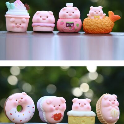 Mô hình figure set: MH001 Đàn Heo Ủn Ỉn Hóa Trang Món Ăn Bộ 8 Con: Bánh Donut, Đùi Gà Chiên