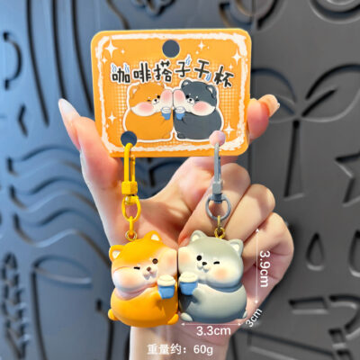 Móc Khóa MH002 Chó Vàng Chó Xám Uống Trà Sữa - Nam Châm