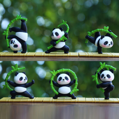 FIGS073 Mô hình figure set:  Gấu Trúc Tập Kungfu Trên Bè Trúc Bộ 6 Con
